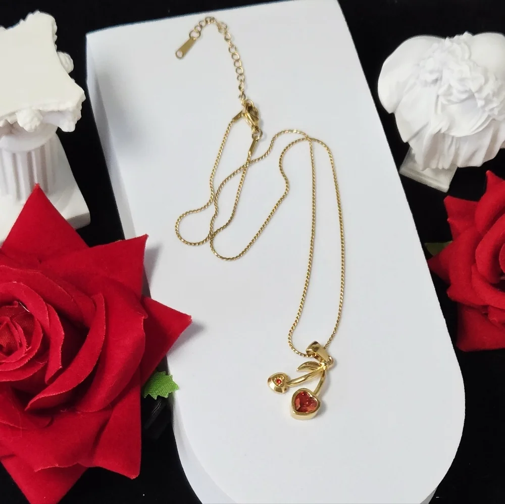 Gold Heart Cherry Pendant Necklace Red Rhinestone Fruit Charm Romantic Y2K Glam